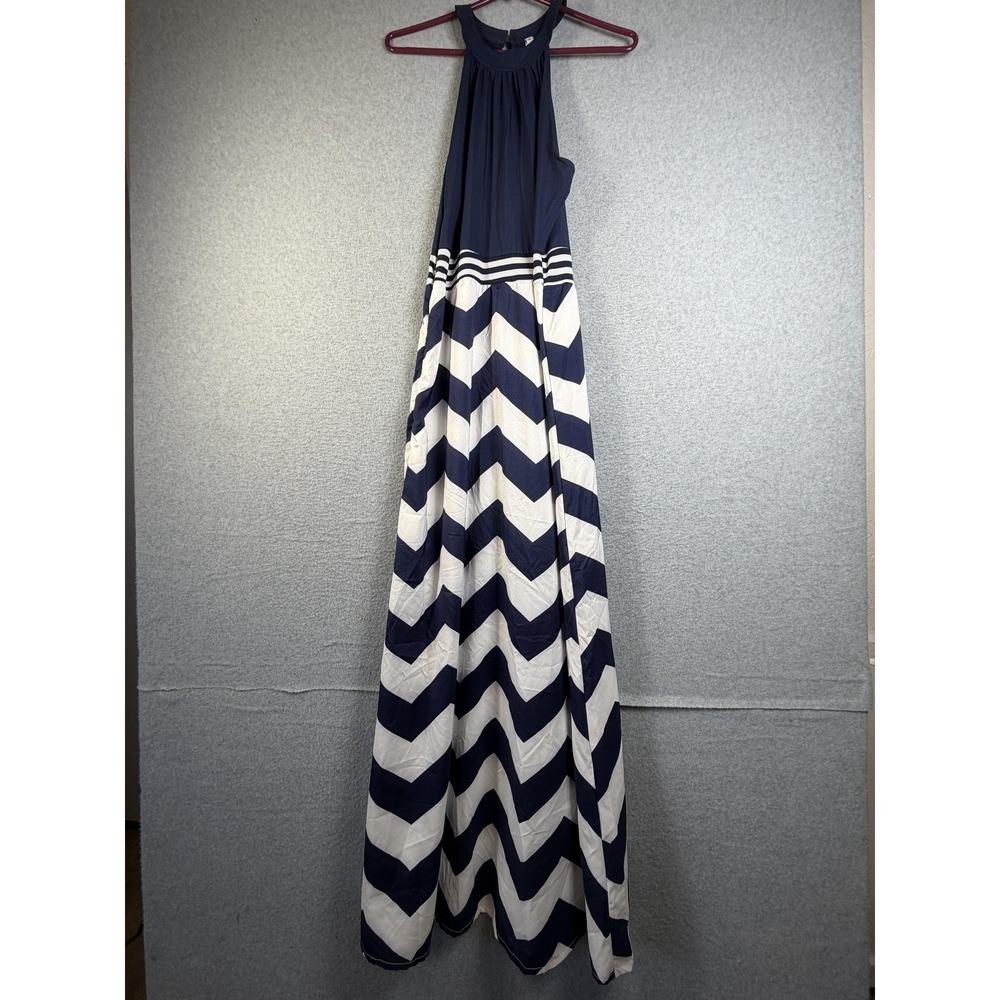 Feitong Dress Womens Medium Blue White Chevron Halter Maxi Sleeveless Sundress